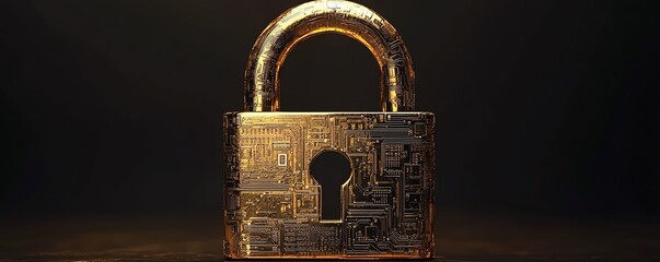 Fototapete - Futuristic golden padlock, embedded electronic circuits, symbolizing cuttingedge password security for fraud prevention and safeguarding confidential information
