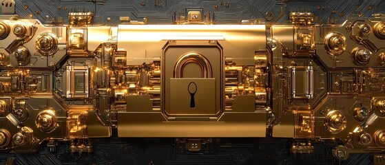 Leinwandbilder - Golden padlock with advanced electronic circuits, digital password security design, ensuring fraud prevention and confidential data protection in a secure network