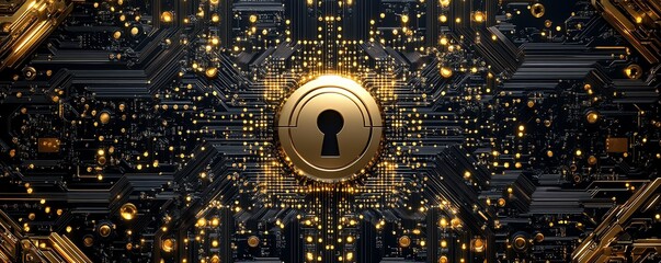 Poster - Golden padlock with embedded electronic circuits, nextgen password security technology, protecting confidential data from fraud, advanced data network security