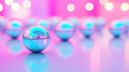 Sticker - Symmetry gradient idea. A vibrant close-up of reflective spheres with a pink and blue bokeh background.