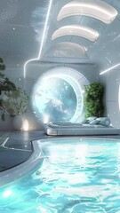 Wall Mural - cosmic sanctuary immerse yourself in luxury in a space with a pool seamless looping overlay 4k virtual video animation background