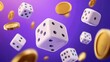 © twilight mist - Dice and gold coins falling on purple background