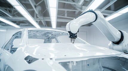 Wall Mural - a futuristic robotic arm performing automated painting of artistic designs on luxury car interiors i