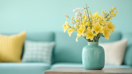 Wall Mural - Bright yellow lilies in a green vase bring warmth to the modern living room, adding a cheerful pop of color against the pastel backdrop