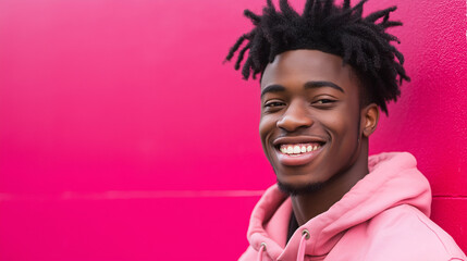 Cheerful young man with pink hoodie against vibrant background