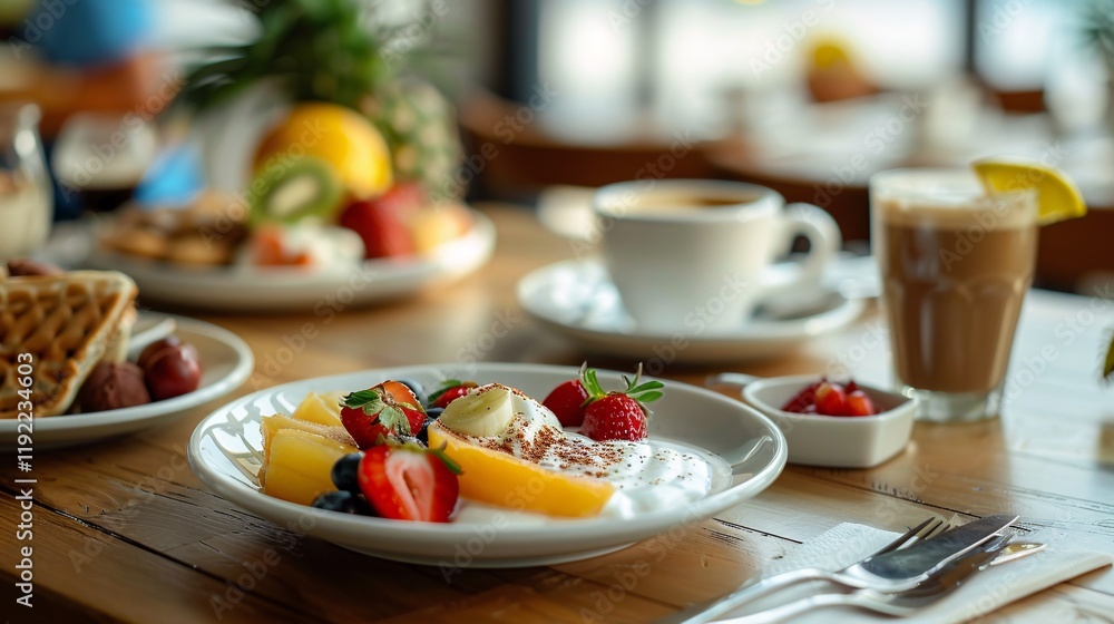 Cozy restaurant breakfast setup with Greek yogurt, fruits, and coffee ...