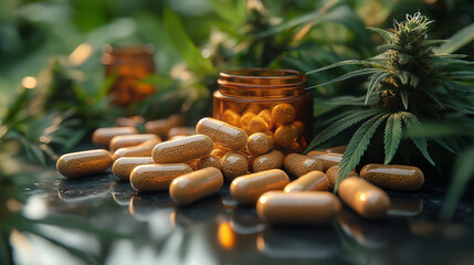 Hemp cannabis leaves and products, cbd capsules . Bio research and organic health care concept.