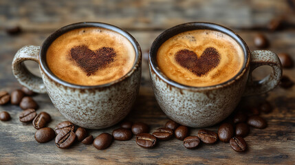 Wall Mural - Cup of cappuccino with heart of cocoa on wooden table