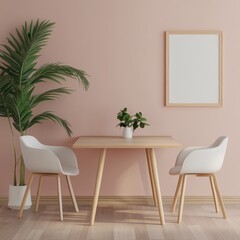 Poster - Minimalist dining room with wooden table, white chairs, pink wall, and potted plants.