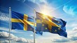 © ChannelPIC - A stunning double exposure: waving Swedish and EU flags set against a breathtaking light blue sky.
