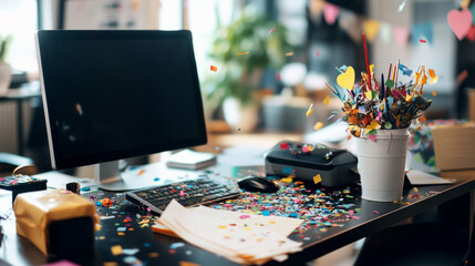 A computer monitor sits on a desk with a pile of confetti