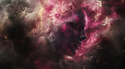 Wall Mural - A woman's face is shown in a cloud of pink and purple