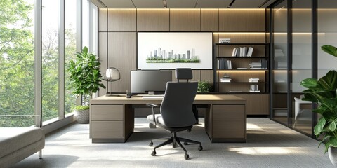 Poster - Modern office interior design with sleek furniture, large windows, andpotted plants creating a bright and inviting workspace