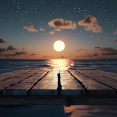 Canvas Print - Serene sunset over calm ocean, viewed from wooden dock.