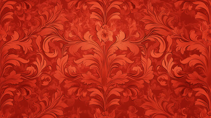 Wall Mural - The image is a red wallpaper with an intricate, ornate floral pattern