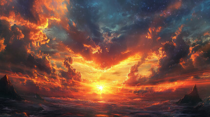 Wall Mural - A beautiful sunset with a large sun in the sky