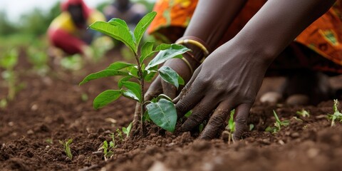 Wall Mural - A close-up of two hands planting a tree as part of a green energy project the serious expressions of the environmentalists in the background reflect their dedication