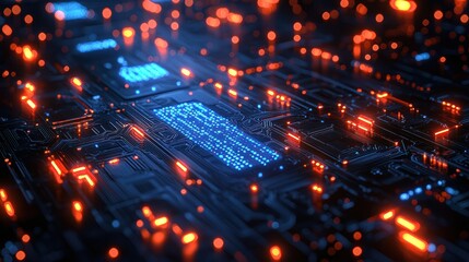 Wall Mural - futuristic circuit board with glowing elements.