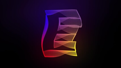 Wall Mural - 3D Letter E swirling lines animation on dark gradient background abstract dynamic motion graphics particle glow typography visual effect rainbow digital alphabet