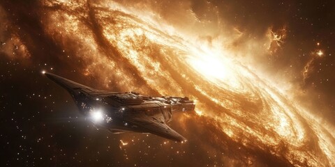Aufkleber - A futuristic spaceship exploring the edge of a massive spiral galaxy, with its bright core and sprawling arms full of stars and cosmic dust