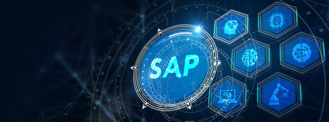 SAP System Software Automation concept on virtual screen data center. Business, modern technology, internet and networking concept. 3d illustration