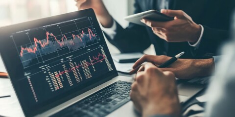 Aufkleber - Three business professionals closely analyzing a financial graph on a laptop intense focus in their eyes and hands gesturing towards the data