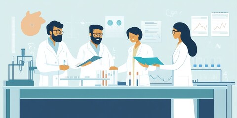 Aufkleber - Three scientists working together on a research project in a lab with data charts and equipment surrounding them intellectual synergy