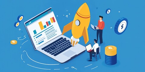 Aufkleber - Two entrepreneurs planning a startup budget, with laptops, financial projections, and a creative, forward-thinking energy