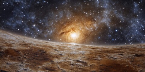 Aufkleber - A distant star system within a galaxy, with planets orbiting a bright star and the galactic core visible in the background