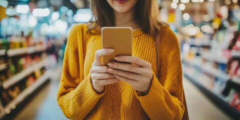 Leinwandbilder - Mobile payment technology concept. A woman uses a smartphone app to shop and make payments, representing digital money transfers, e-commerce, and banking.