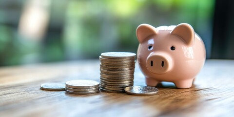 Poster - Business finance and savings concept. A stack of growing coins next to a piggy bank, symbolizing balanced financial planning and investment strategies.