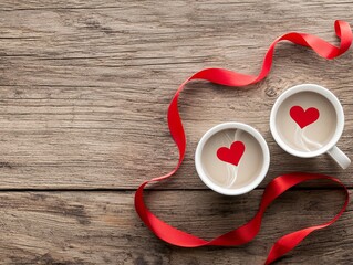 A pair of white porcelain cups with steam forming heart shapes, placed on a wooden table with a red ribbon curling around them