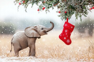 Wall Mural - Baby elephant and a Christmas stocking. AI.