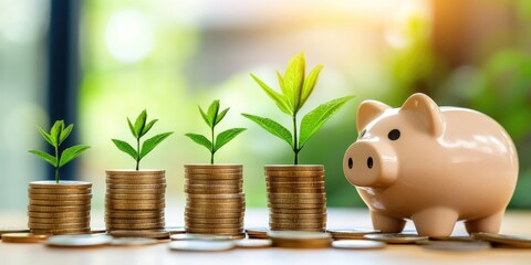 Aufkleber - Business finance and investment growth concept. A growing stack of coins and a piggy bank symbolize balanced savings, investment strategies, and financial growth.