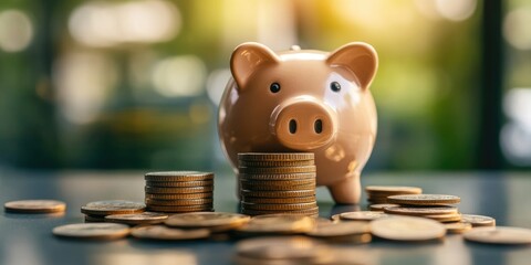 Aufkleber - Business finance and investment growth concept. A growing stack of coins and a piggy bank symbolize balanced savings, investment strategies, and financial growth.