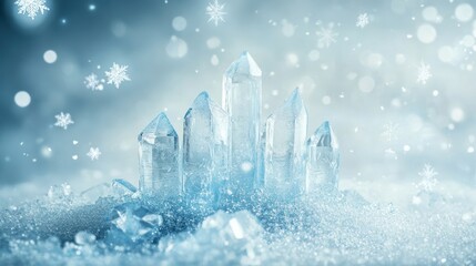 Wall Mural - Sparkling ice crystals forming a miniature castle on a snowy surface with a bokeh effect.