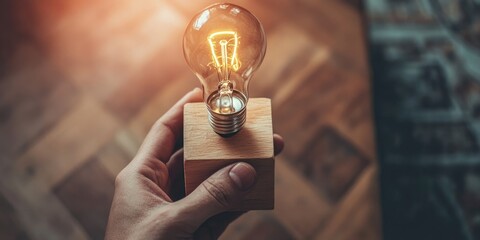 Aufkleber - A hand reaching for a light bulb atop a wooden block labeled Ideas, symbolizing innovation, creativity, and cutting-edge advancements in science and communication technol