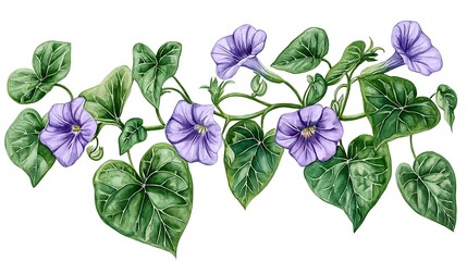 Wall Mural - Watercolor painting of a vibrant morning glory vine with purple flowers and heart-shaped leaves, isolated on a white background.