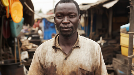 Man in urban market environment. Represents daily life and social documentary