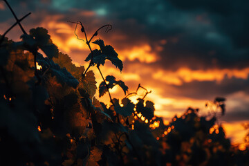 Wall Mural - A vibrant sunset casts a warm glow over a vineyard, highlighting the leaves and grapes.