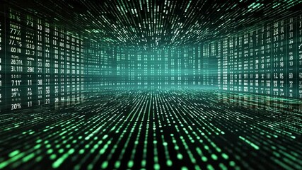 Leinwandbilder - Digital Matrix:  An abstract digital art piece depicting a futuristic, glowing green matrix of data streams and numbers, creating a sense of depth and movement.