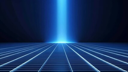 Poster - Digital Horizon:  A solitary beam of brilliant blue light pierces through a darkened space, casting a luminescent path on a gridded floor, evoking a sense of mystery and possibility. 