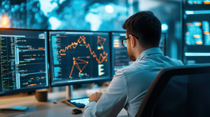 cybersecurity analyst monitors multiple screens displaying data, graphs, and code in high tech office, ensuring network security and analyzing potential threats