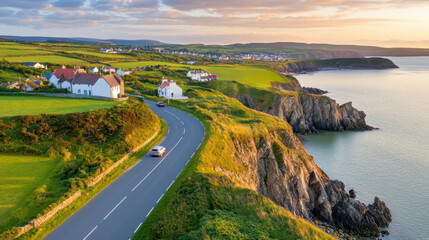 Wall Mural - scenic coastal road winds along dramatic cliffs with lush green fields and charming houses, overlooking calm sea under golden sunset sky