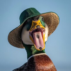 a hilarious close-up shot of a mallard duck wearing a stylish straw hat, its beak open in a comical 