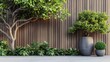 © milenialdesastudio - Lush greenery and plants against a modern wooden wall.