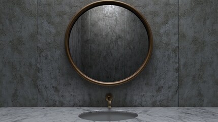 Wall Mural - Round mirror above minimalist sink in modern bathroom.