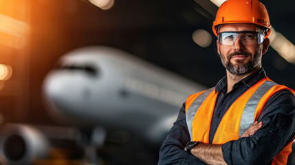 Wall Mural - confident aviation engineer wearing safety gear in airport hangar