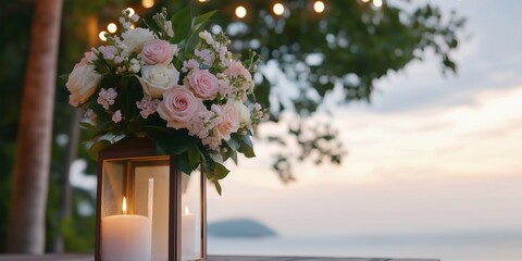 Canvas Print - A candle and flowers are lit in a lantern on a table by the ocean. The scene is serene and peaceful, with the ocean in the background