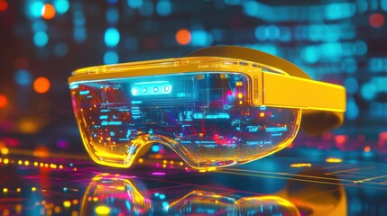 Futuristic transparent smart glasses with glowing circuits on a digital background.